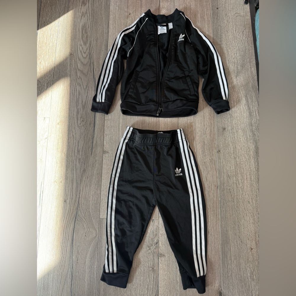 Adidas Toddler 3T Black Tracksuit with White Stripes - Zip-Up Jacket